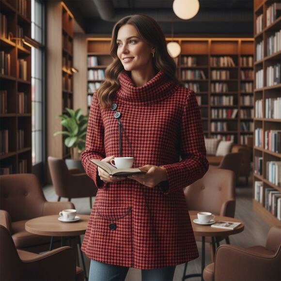 NWT Calessa Womens Stretch Knit Houndstooth Cowl Neck Tunic Top Size L Red Black - Picture 2 of 16